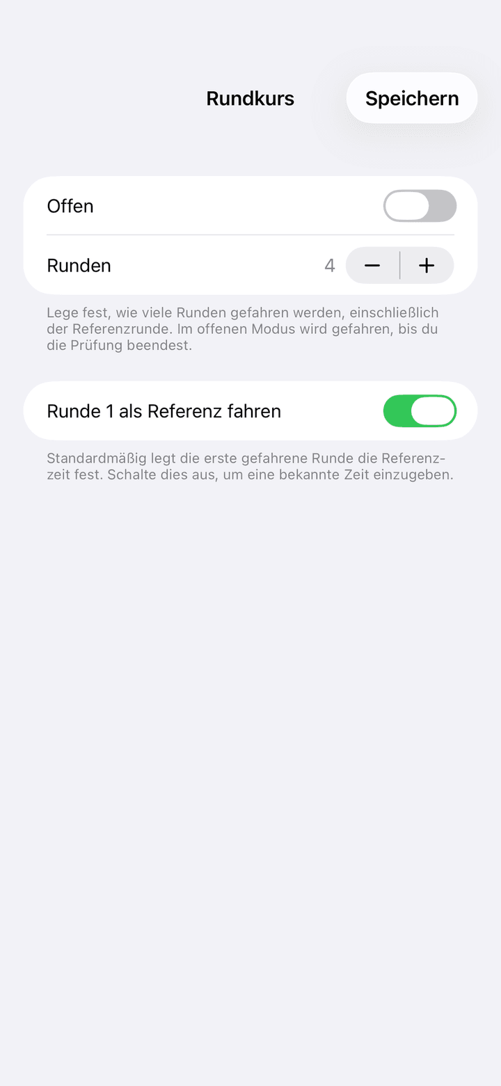 Rundkurs-Editor mit dem Schalter Offen, dem Runden-Zähler und dem Schalter Runde 1 als Referenz fahren