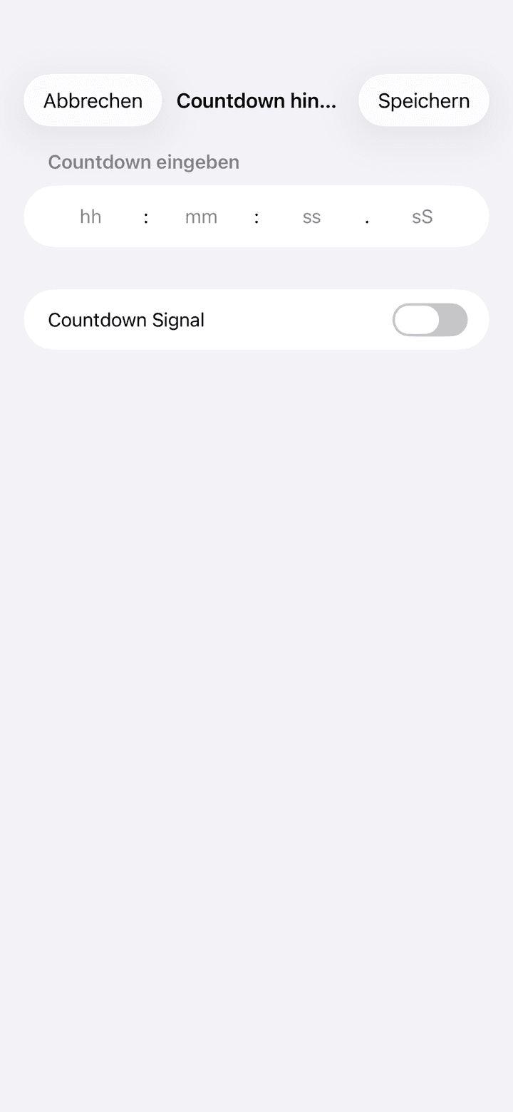 Bildschirm Countdown hinzufügen mit Feldern für Stunden, Minuten, Sekunden und Hundertstel sowie dem Schalter Countdown Signal