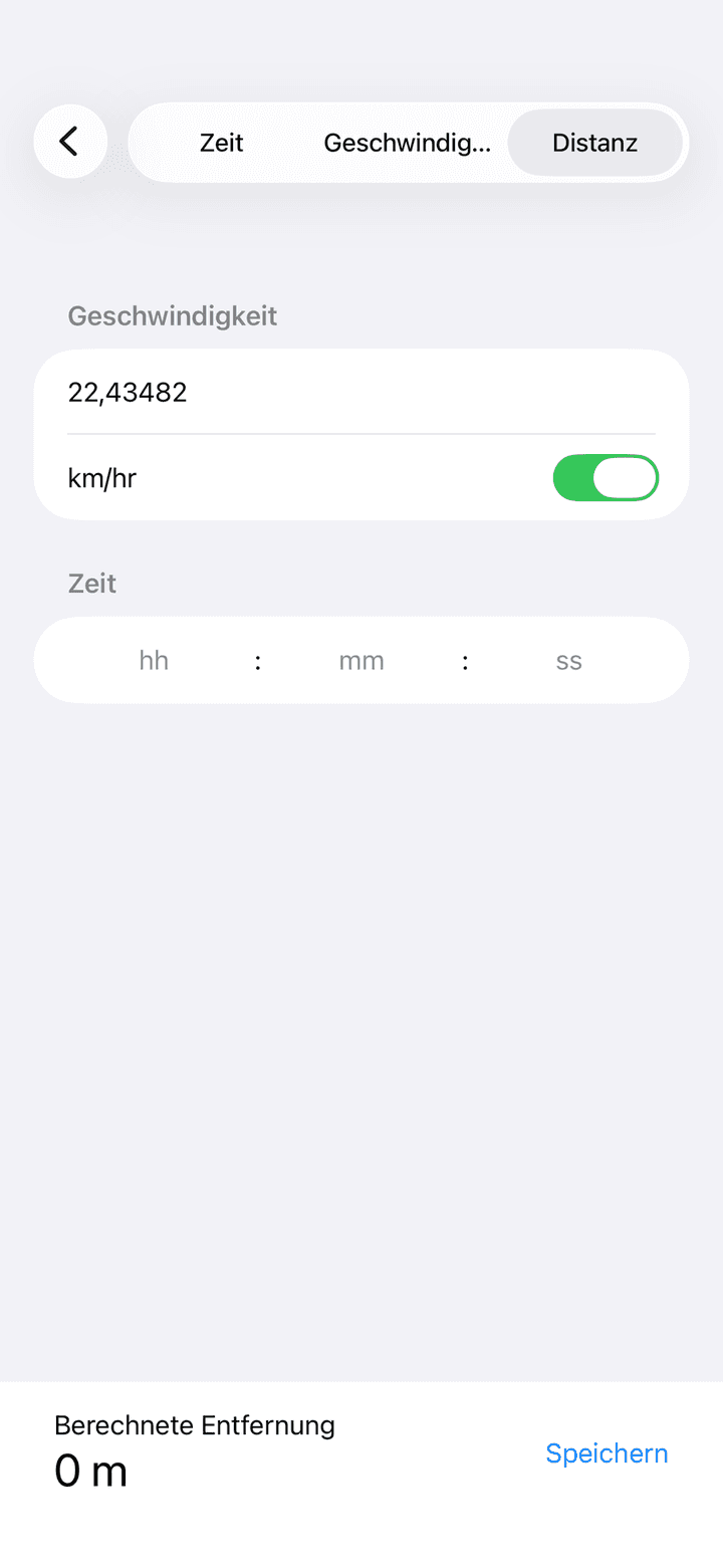 Abschnitts-Editor, der die Distanz aus Geschwindigkeit und Zeit berechnet