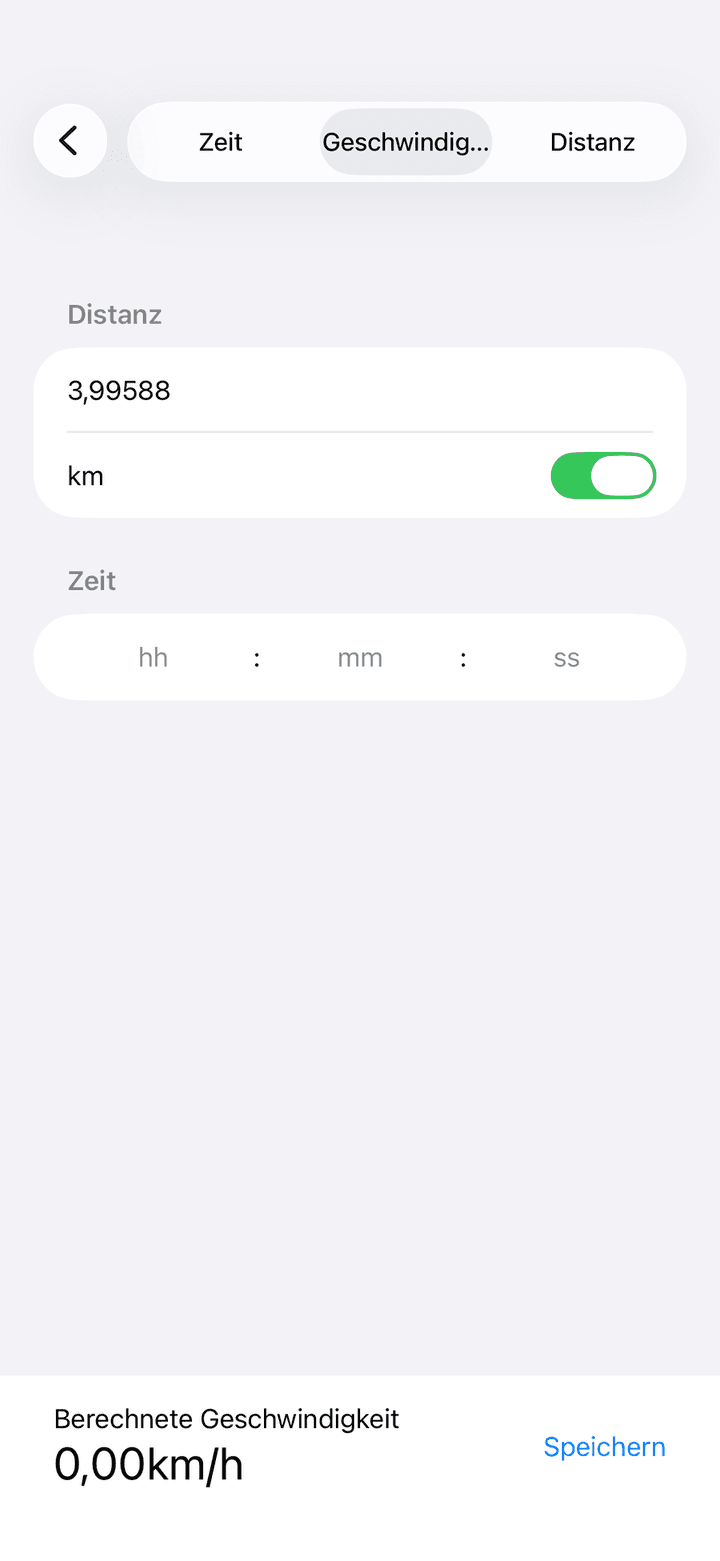 Abschnitts-Editor, der die Geschwindigkeit aus Distanz und Zeit berechnet