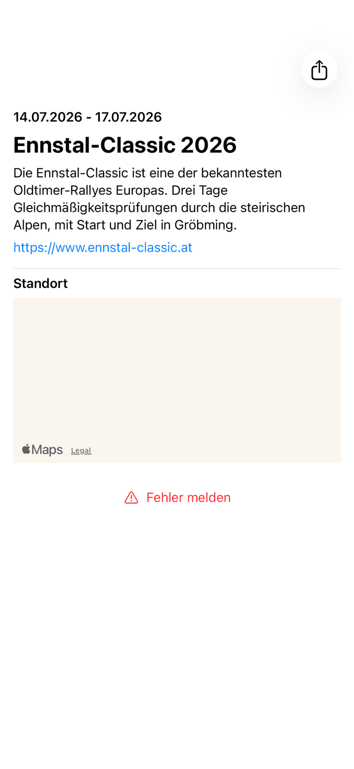 Detailseite einer Veranstaltung mit Terminen, Titel, Beschreibung, Website-Link, Standortkarte und der Taste Fehler melden