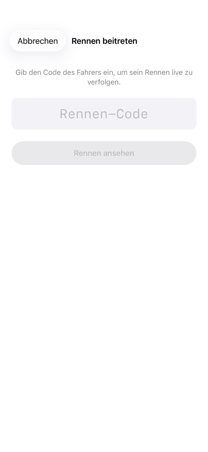 Bildschirm Rennen beitreten mit einem Feld für den Rennen-Code und der Taste Rennen ansehen
