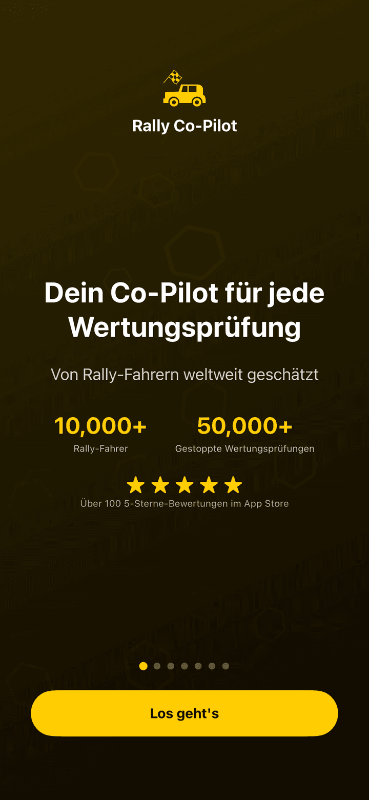 Erste Seite der Einführung von Rally Co-Pilot mit der Taste Los geht's