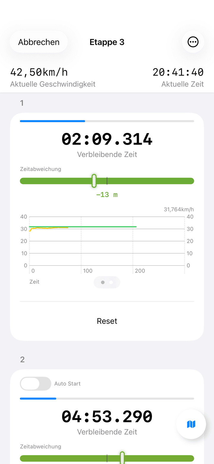 Eine Abschnittskarte mit dem Live-Geschwindigkeitsdiagramm statt der Zahlen
