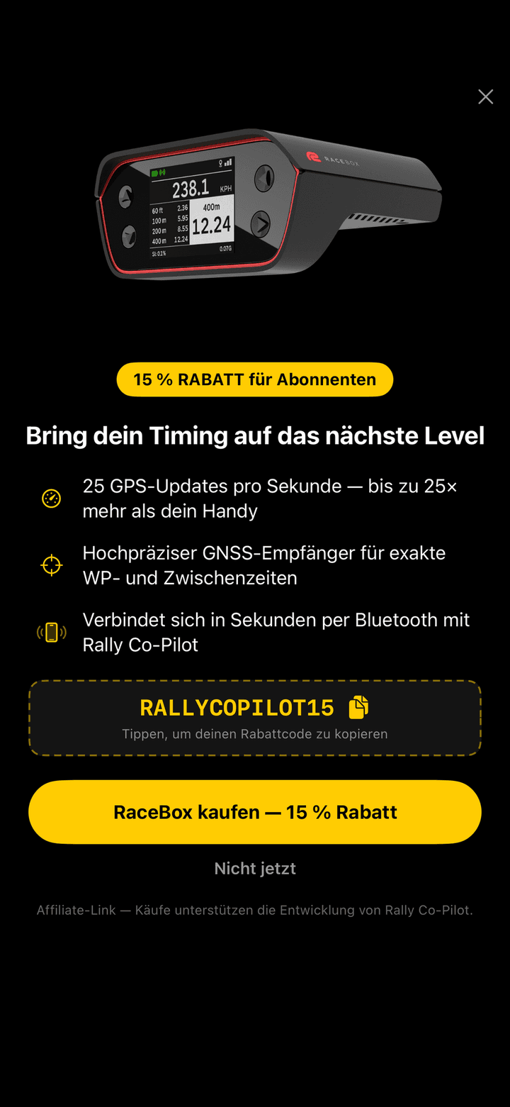 RaceBox-Angebot mit dem 15-Prozent-Rabattcode RALLYCOPILOT15 und der Taste RaceBox kaufen