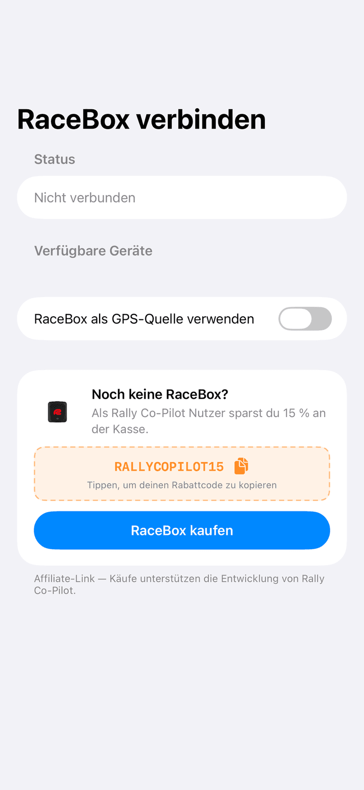 Bildschirm RaceBox verbinden mit Status, dem Schalter RaceBox als GPS-Quelle verwenden und dem Shop-Bereich mit Rabattcode