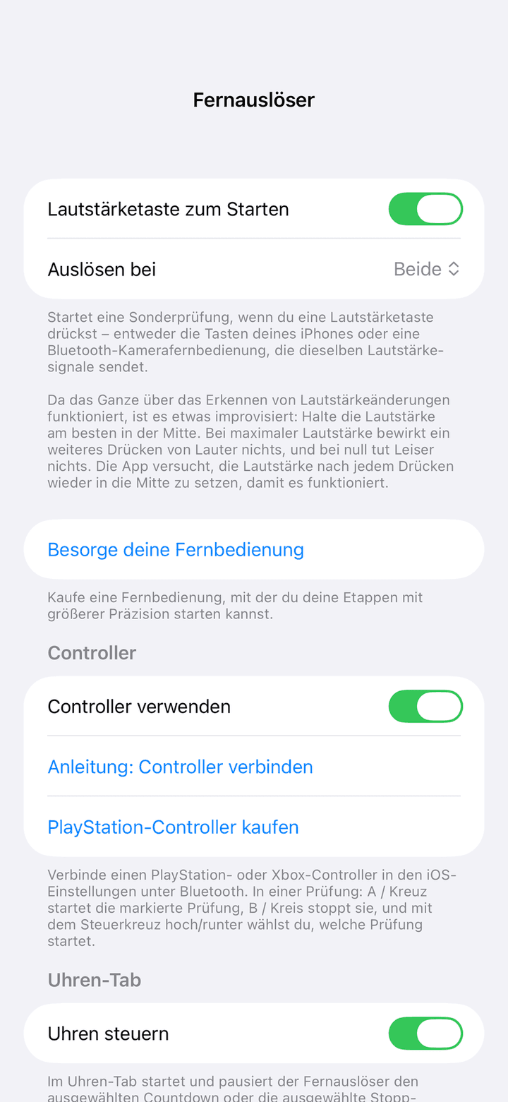 Fernauslöser-Einstellungen mit dem Schalter Lautstärketaste zum Starten, der Auswahl Auslösen bei, dem Bereich Controller und dem Schalter Uhren steuern