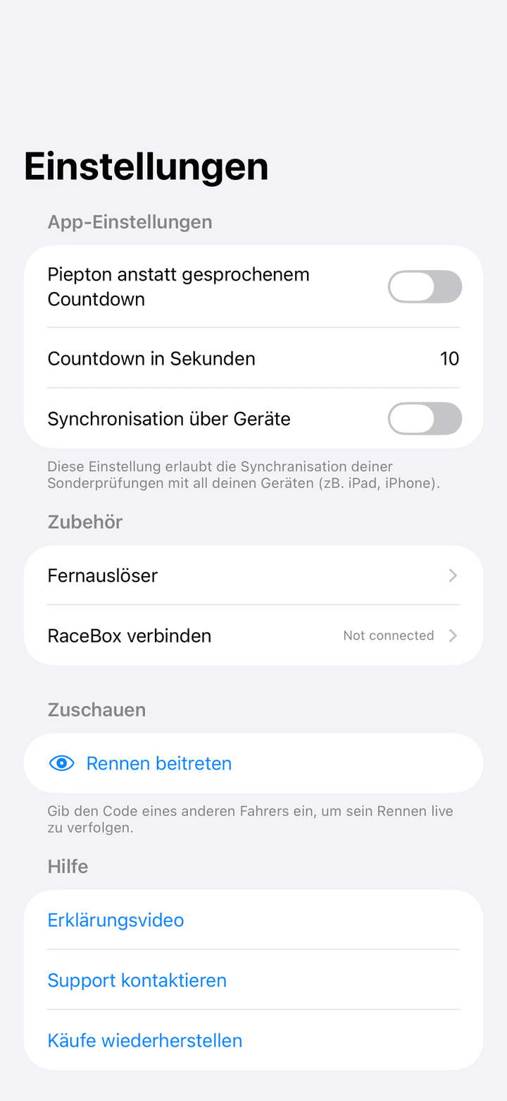 Einstellungen-Tab mit den Bereichen App-Einstellungen, Zubehör, Zuschauen, Hilfe und Soziales