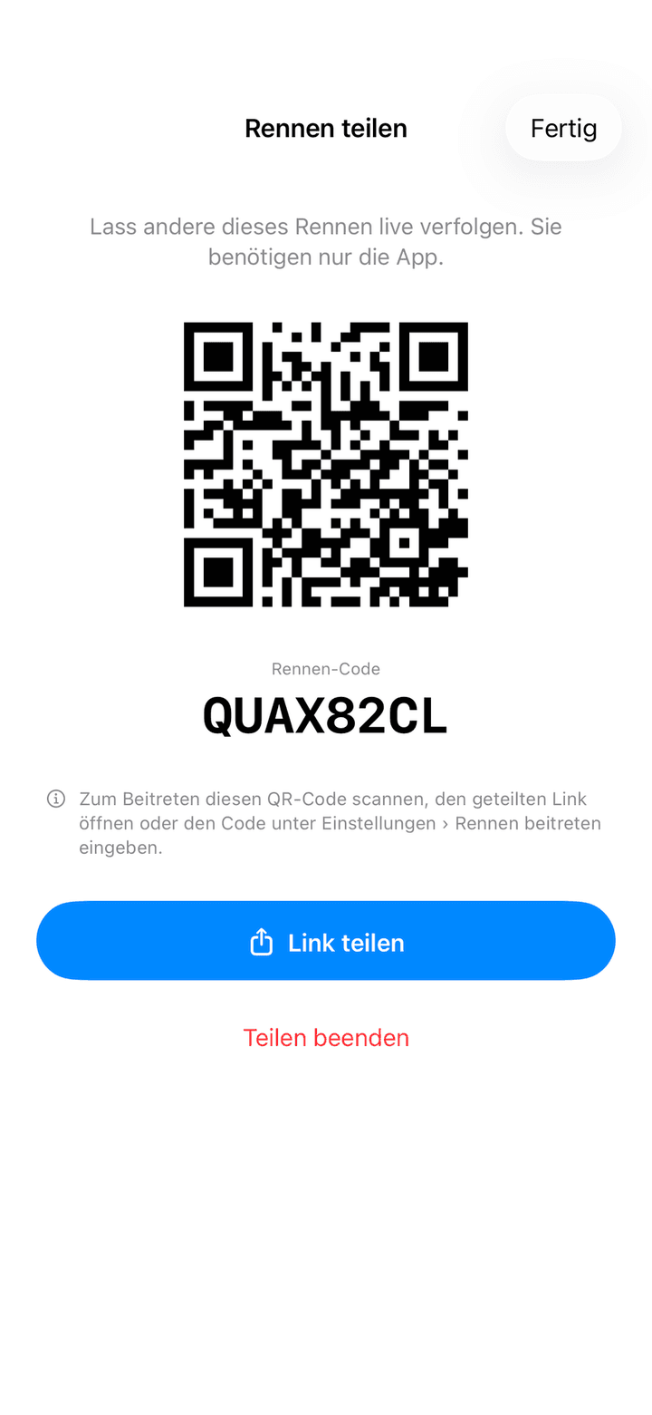 Bildschirm Rennen teilen mit QR-Code, Rennen-Code, der Taste Link teilen und der Taste Teilen beenden