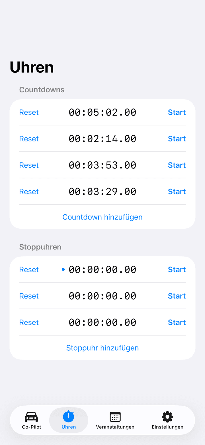 Uhren-Tab mit vier Countdowns und drei Stoppuhren, jeweils mit Reset- und Start-Tasten
