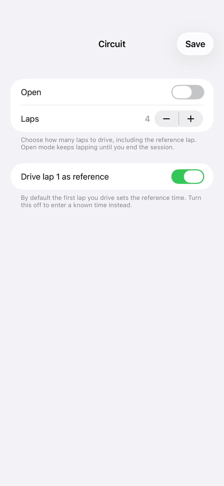 Circuit editor with the Open switch, the Laps stepper and the Drive lap 1 as reference switch