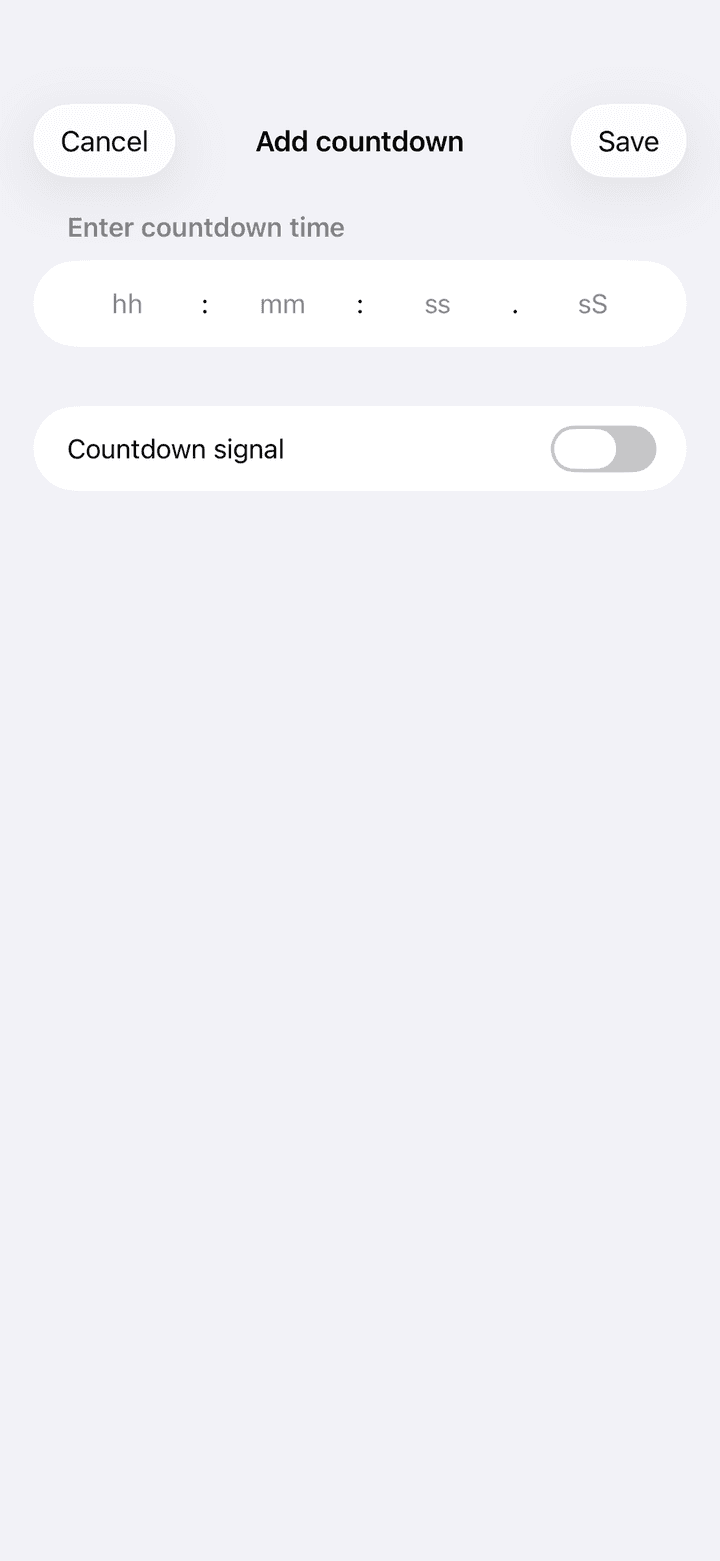 Add countdown sheet with fields for hours, minutes, seconds and hundredths and the Countdown signal switch