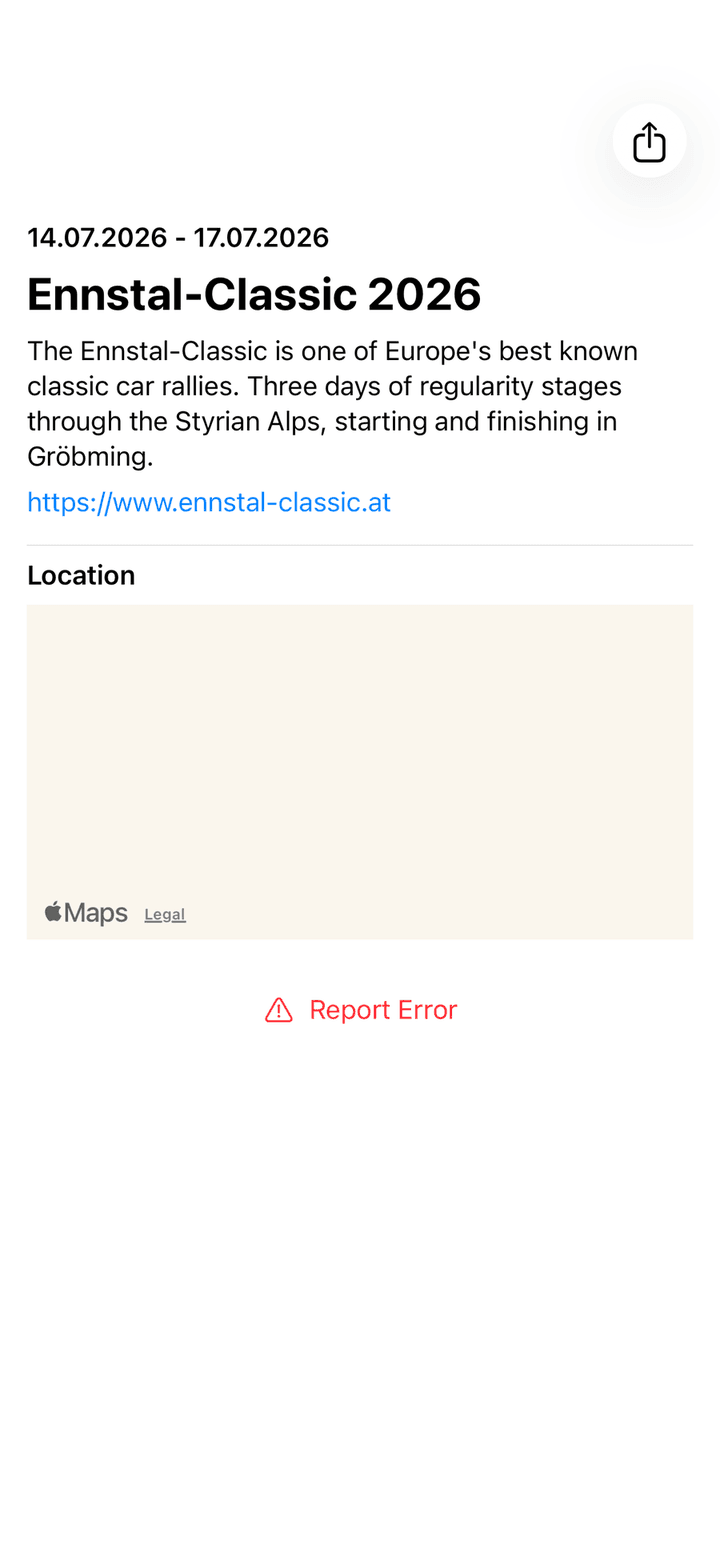 Event detail screen with dates, title, description, website link, location map and a Report Error button