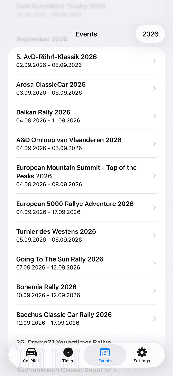 Events tab with a month section, event rows with dates and the year button