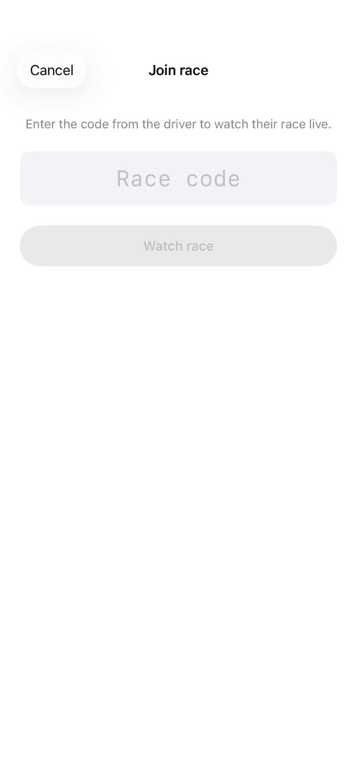 Join race screen with a field for the race code and the Watch race button