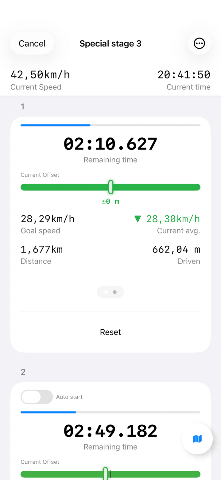 Race mode with current speed, current time, a running section with countdown, pace meter, speeds and distances