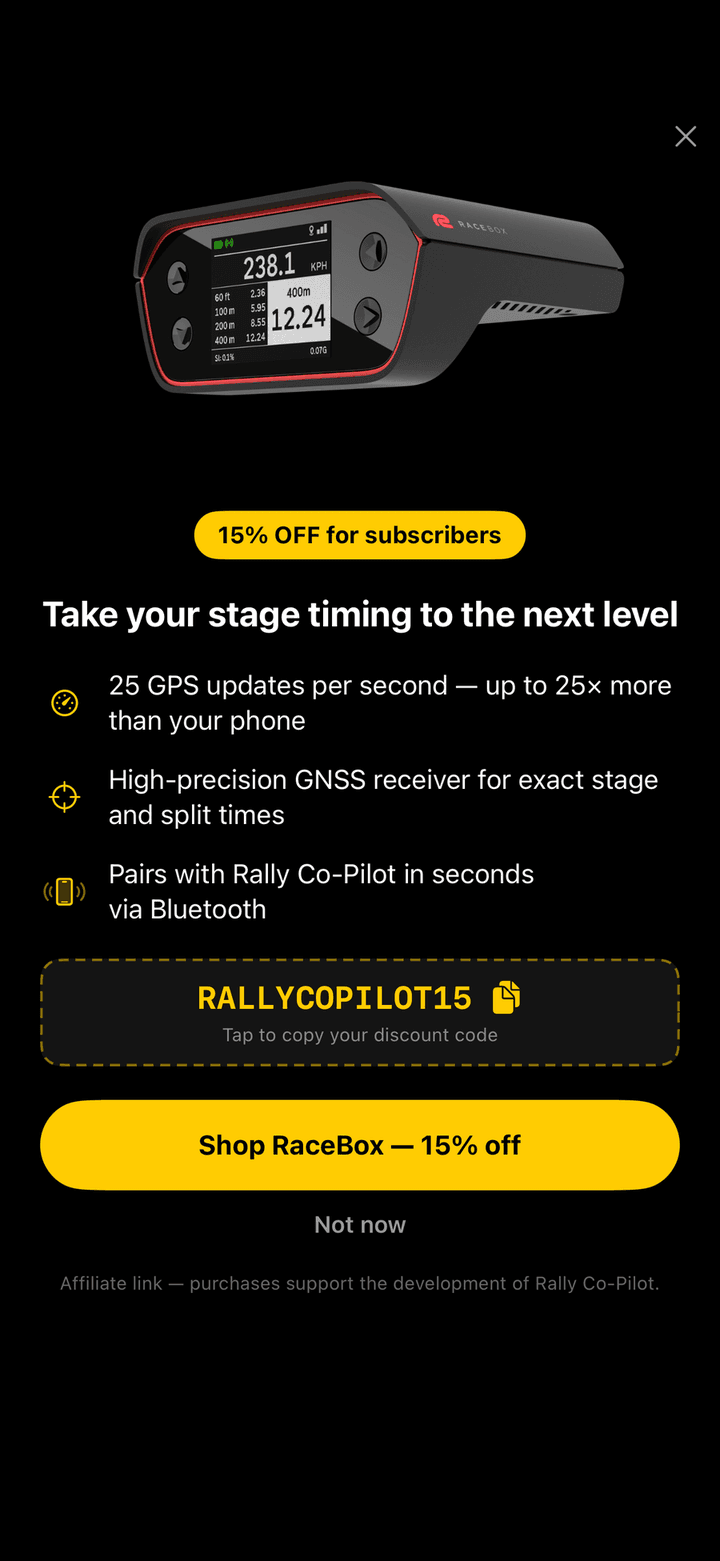 RaceBox promotion with the 15 percent discount code RALLYCOPILOT15 and a Shop RaceBox button