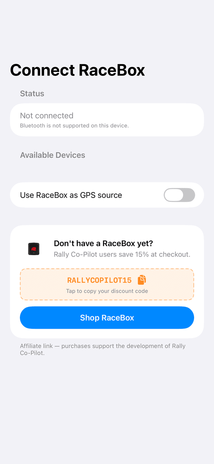 Connect RaceBox screen with the status, the Use RaceBox as GPS source switch and the shop section with a discount code