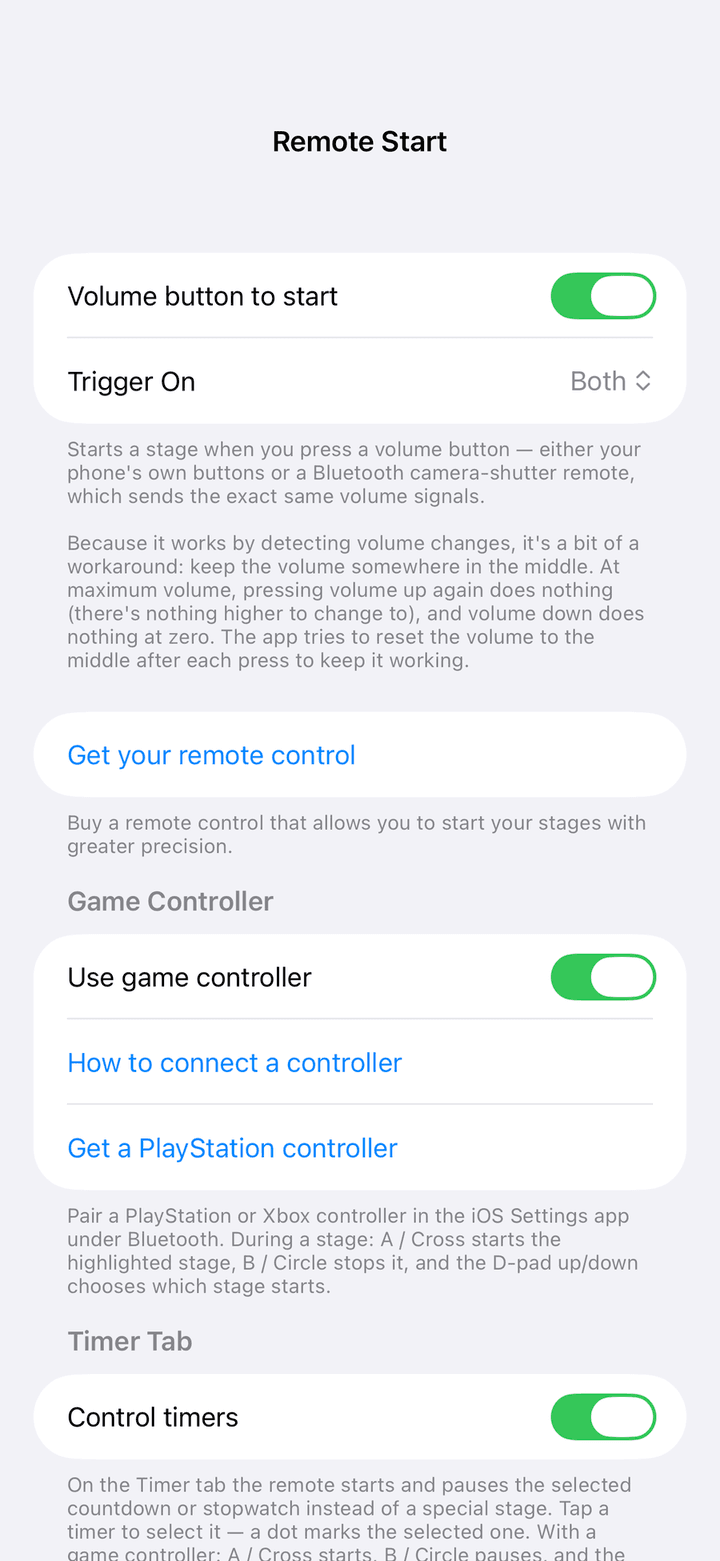 Remote Start settings with the Volume button to start switch, the Trigger On picker, the Game Controller section and the Control timers switch