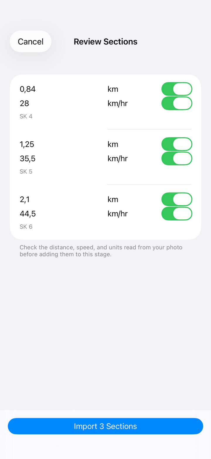 Review Sections screen with editable distance, speed and note fields and an Import button