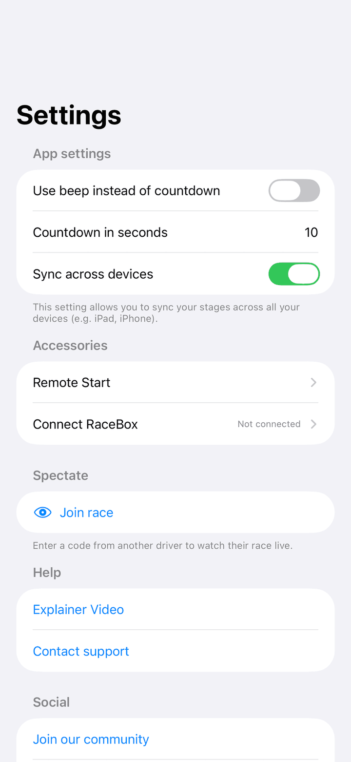 Settings tab with App settings, Accessories, Spectate, Help and Social sections