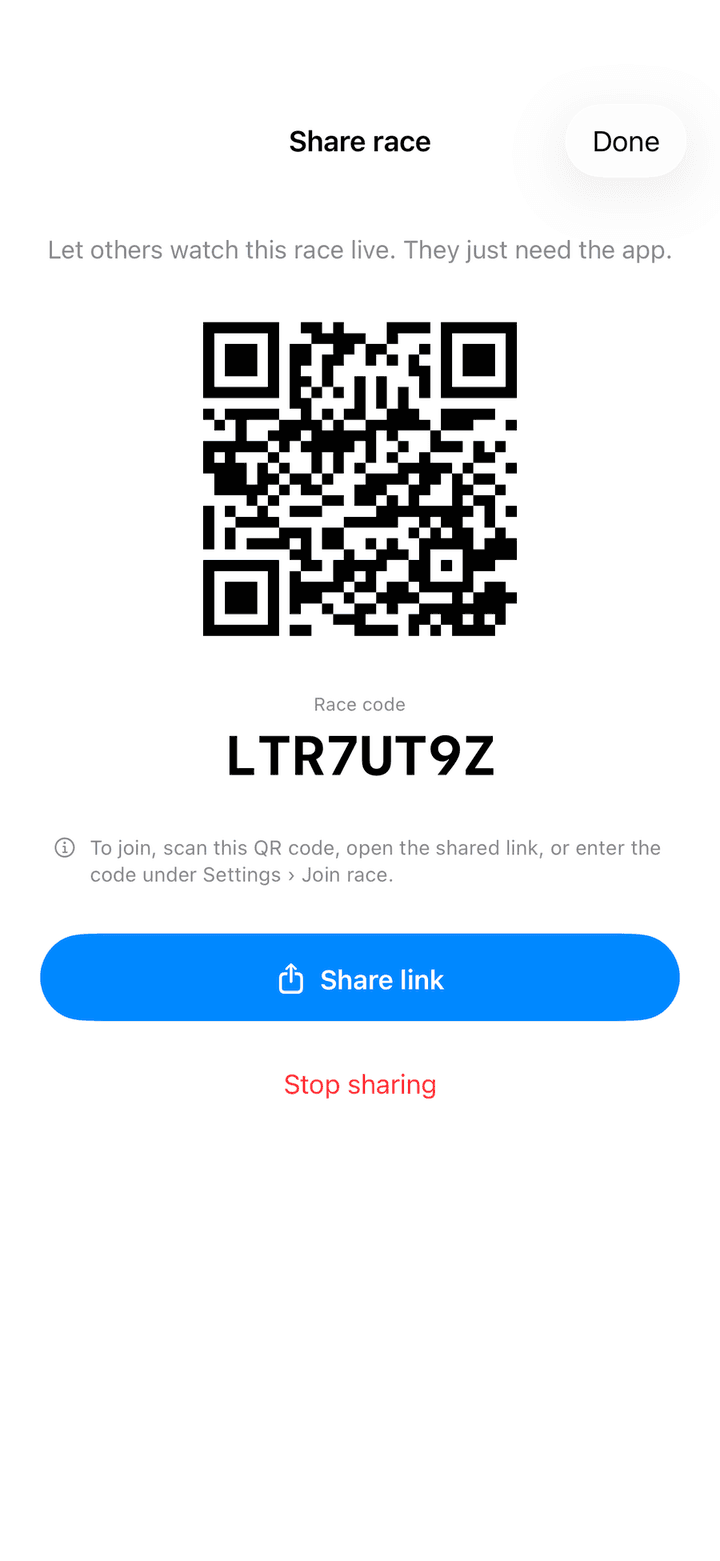 Share race sheet with a QR code, the race code, a Share link button and a Stop sharing button