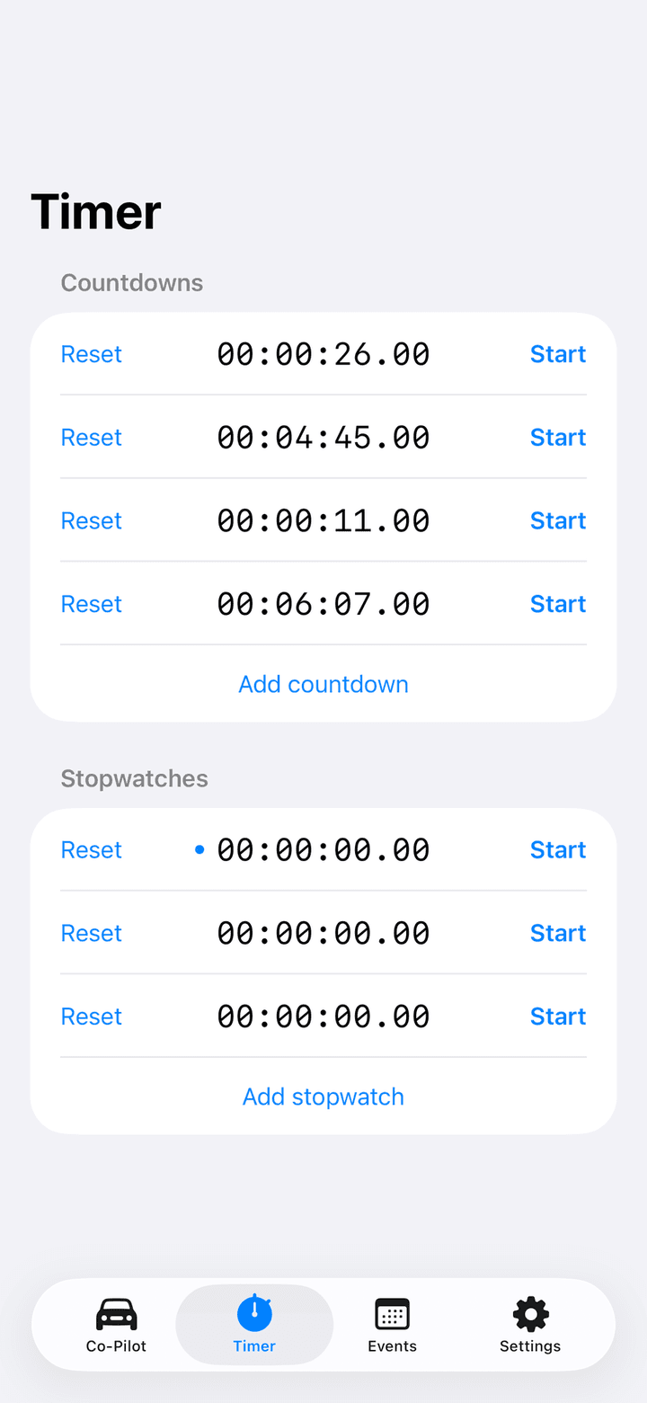Timer tab with four countdowns and three stopwatches, each with Reset and Start buttons