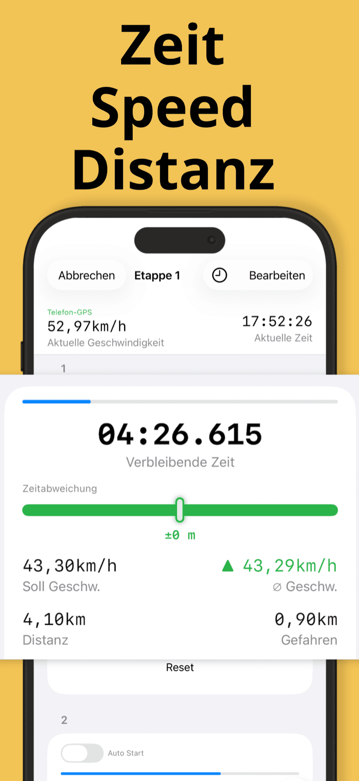 Rallye Co-Pilot Prüfungs-Timer mit verbleibender Zeit, Zielgeschwindigkeit und Distanz