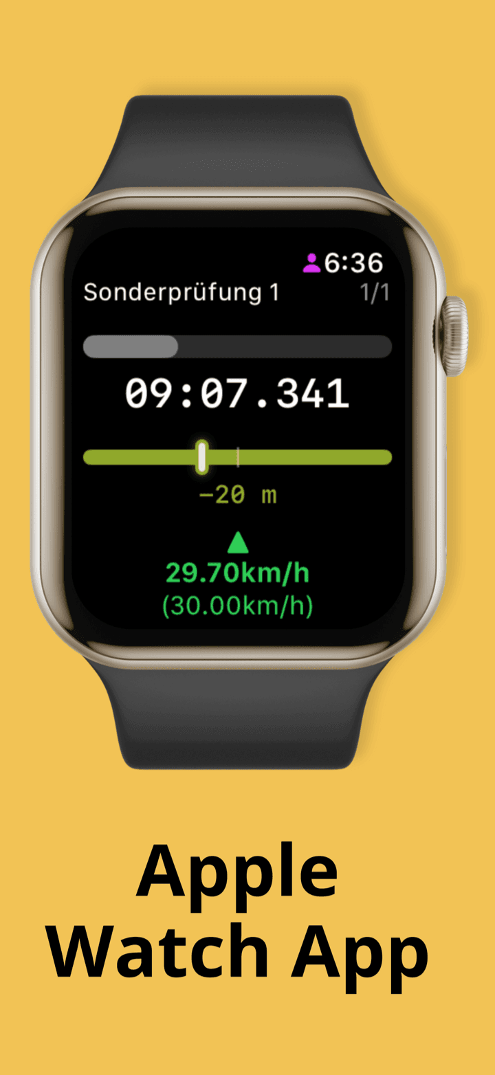 Apple Watch mit laufender Sonderprüfung, Countdown und Zeitabweichung
