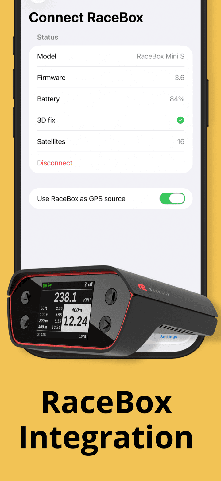 RaceBox-Verbindungsbildschirm mit Satelliten- und Akkustatus