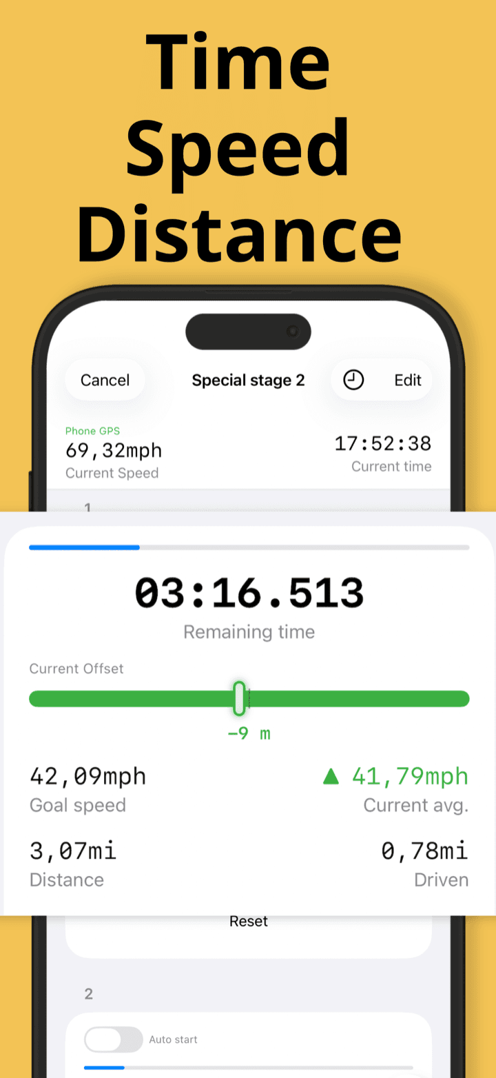 Rally Co-Pilot stage timer showing remaining time, target speed and distance